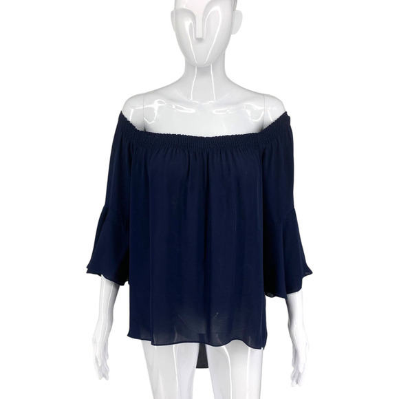 Kobi Halperin Sz XS Navy Blue 100% Silk Off Shoulder Flare Sleeve Blouse Top - Picture 6 of 7